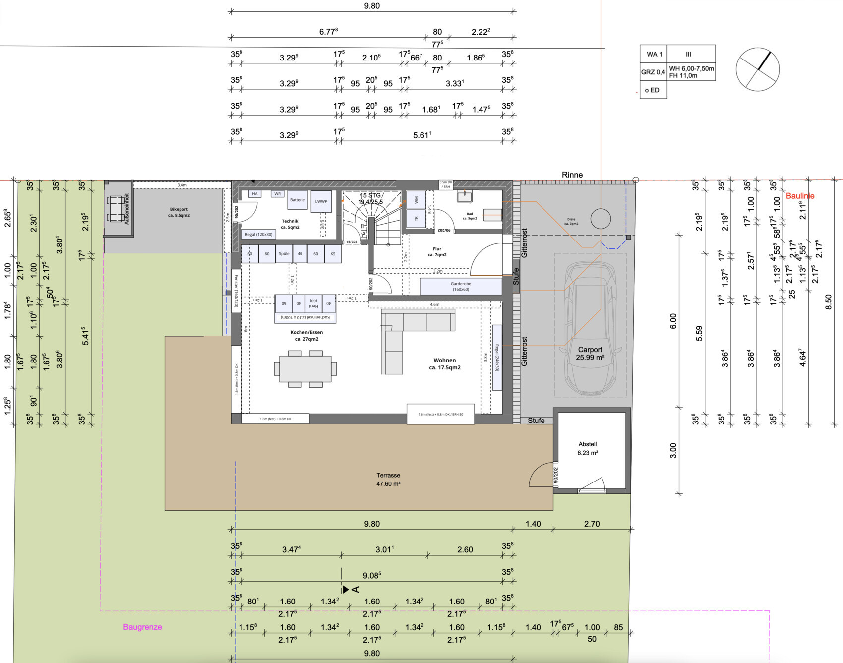 Floor plan of a single-family house with terrace, garden, and carport, interior layout visible.