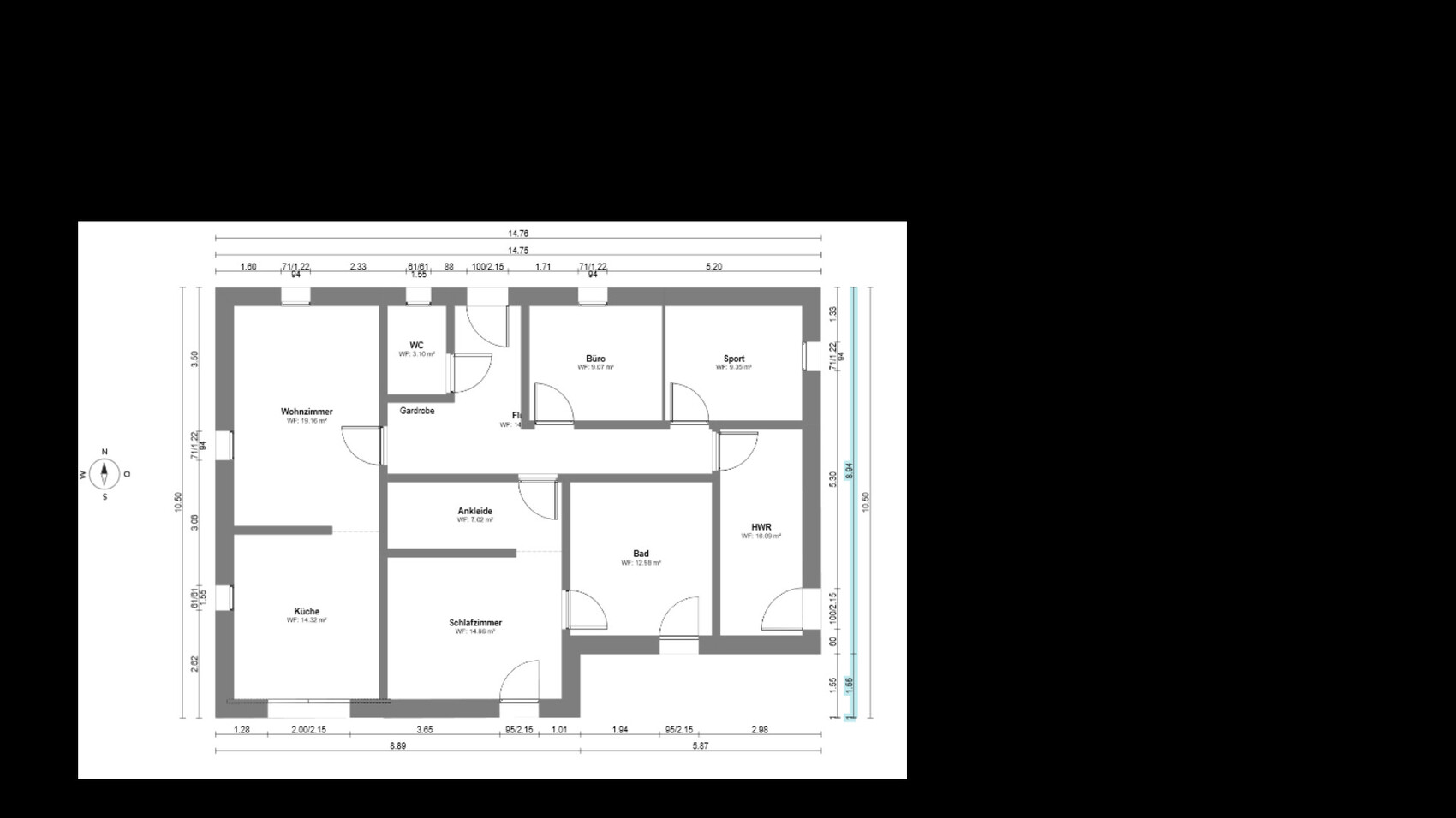 2D floor plan of a house with living room, kitchen, bedroom, bathroom and hallways
