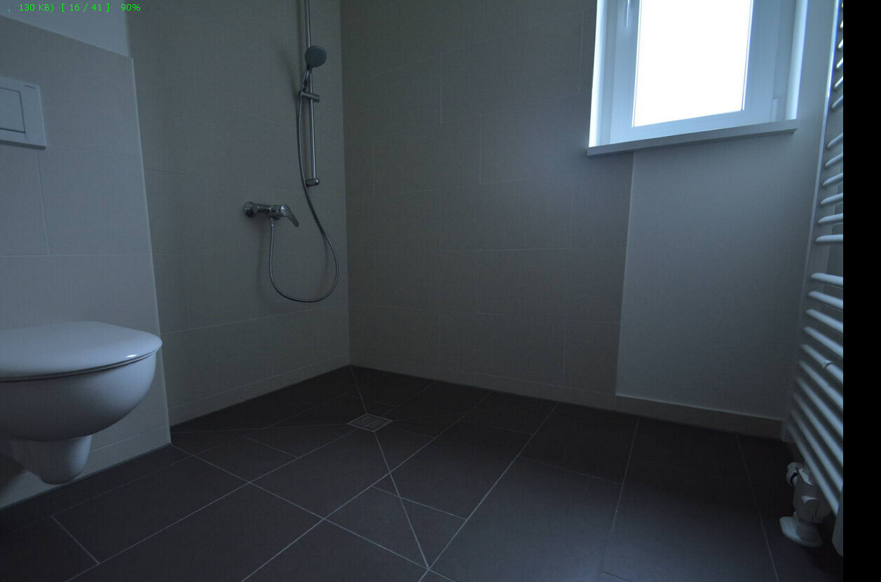 Bathroom with wall-hung toilet, shower with handheld showerhead, window, and radiator.