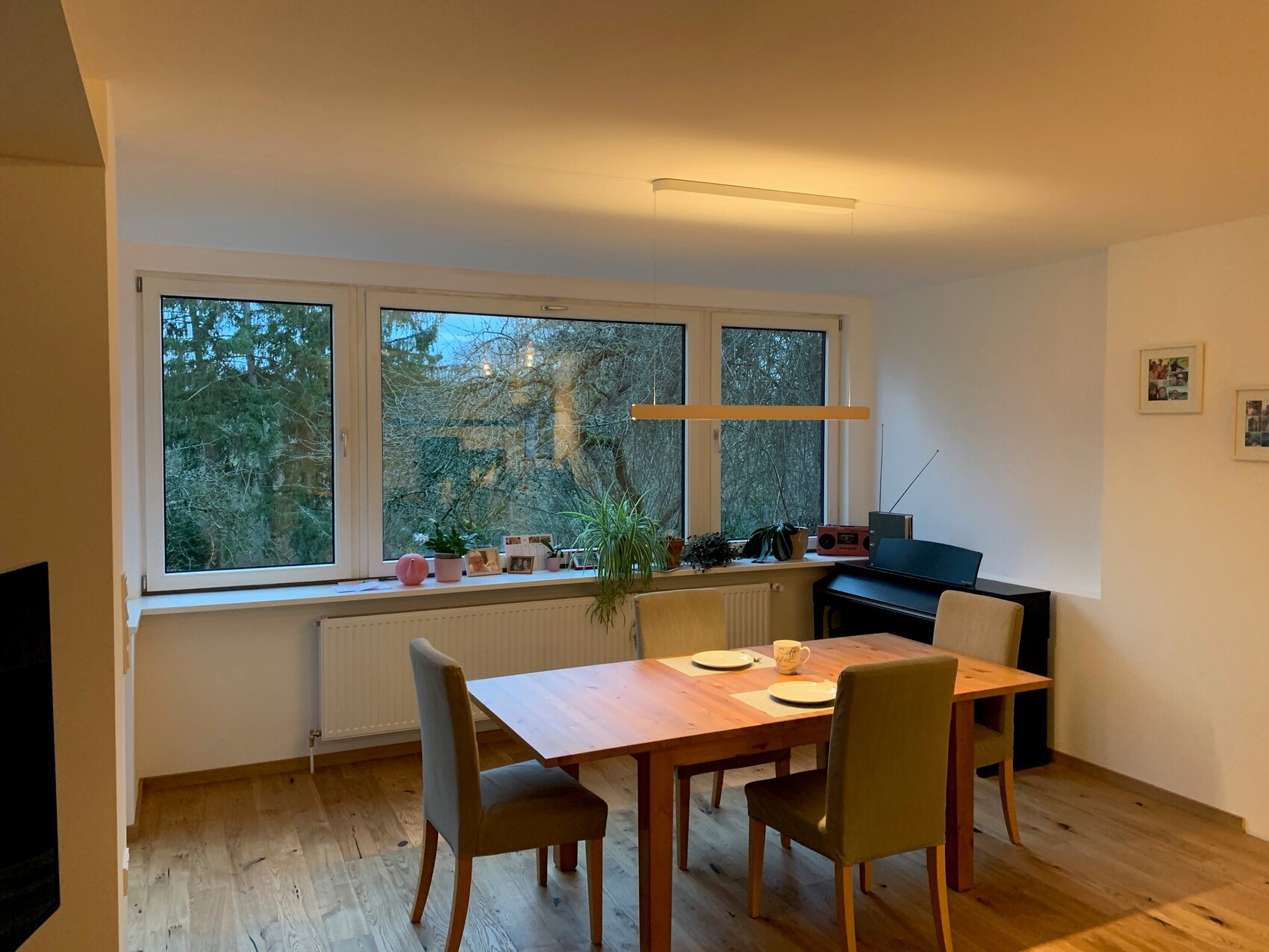 Bright dining area: wooden table with four chairs by large windows; plants on the windowsill.
