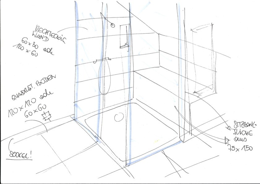 Sketch of a bathroom with corner shower, glass shower enclosure, tile pattern and floor drain.