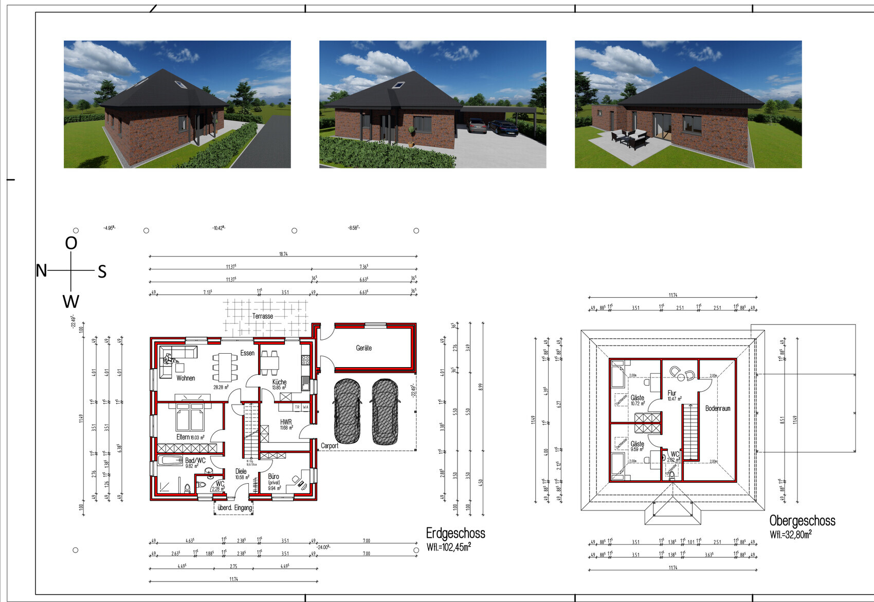 Architectural plan with floor plans and three 3D house views