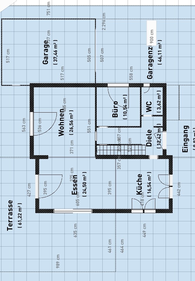 Ground floor plan of a house: living room, dining room, kitchen, hallway, office, guest toilet, entrance, garages, and terrace.