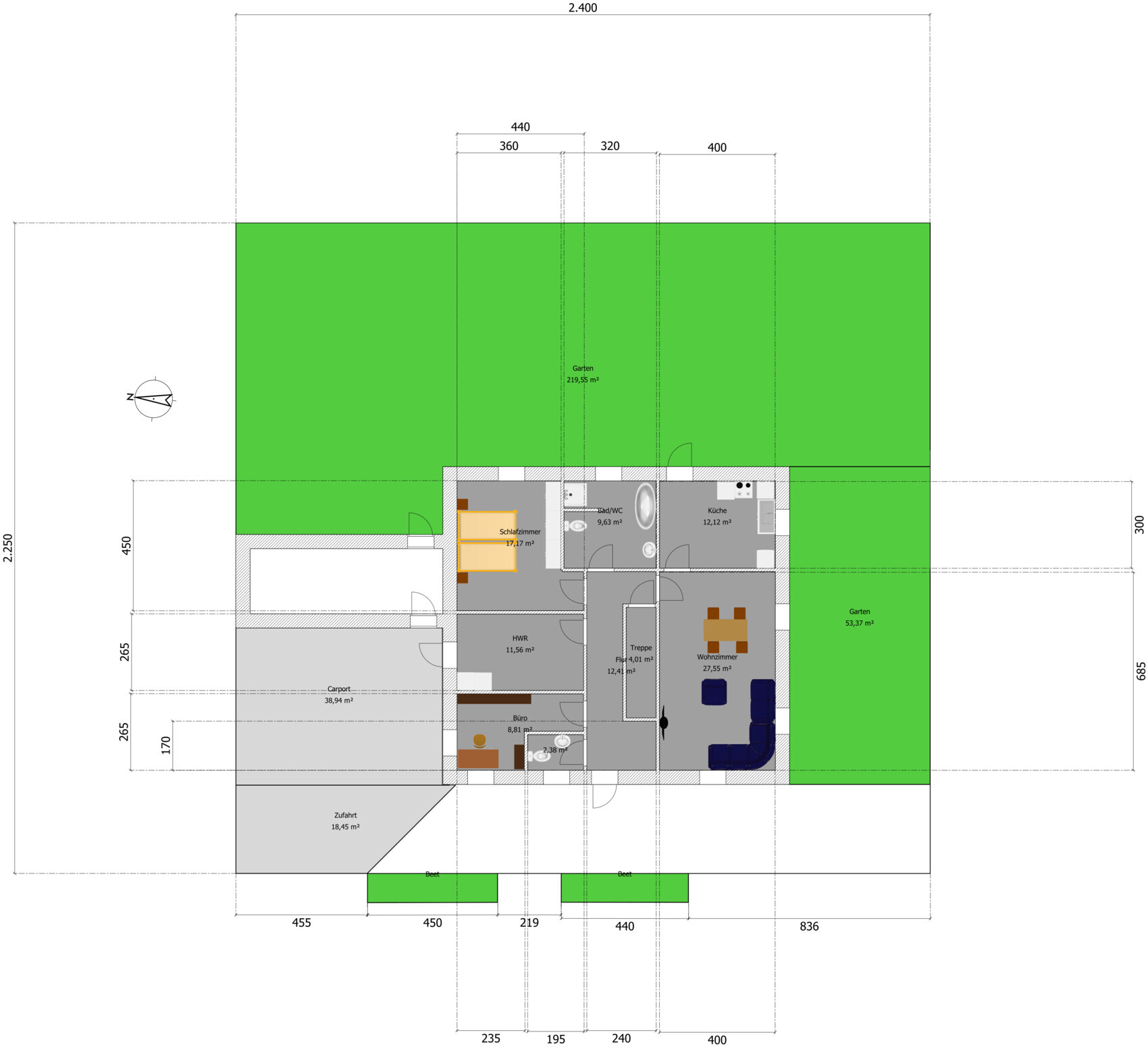 Floor plan of a house with bedroom, kitchen, living room, bathroom, utility room, and surrounding garden.