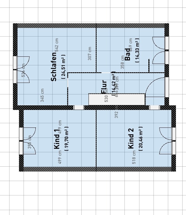 Upper floor plan of a house: bedroom, bathroom, corridor, and two children’s rooms.