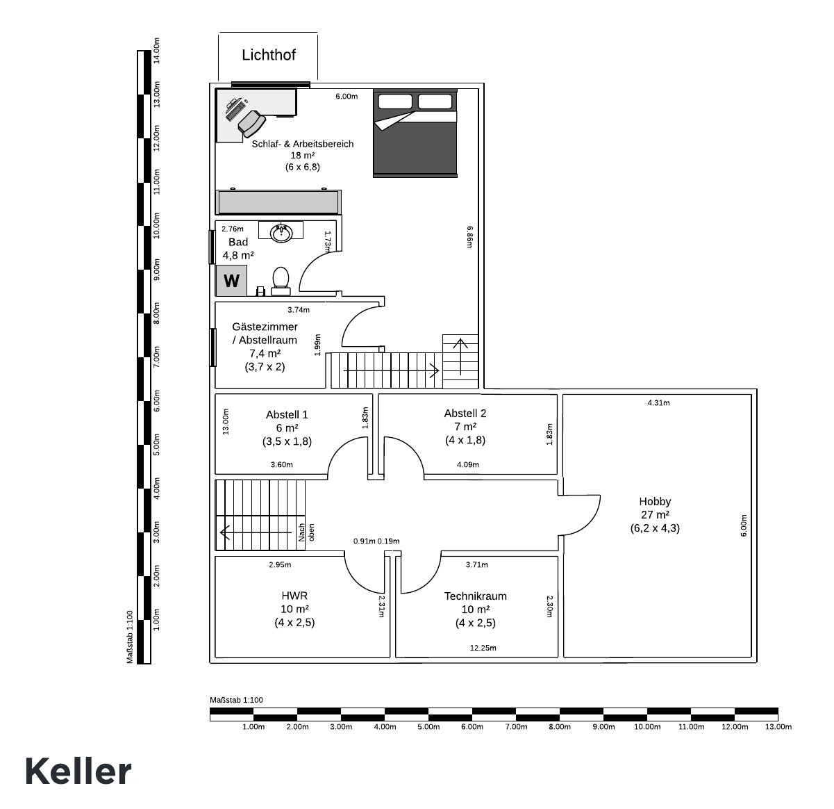 Basement floor plan with sleeping area, bathroom, storage rooms, technical and hobby room.