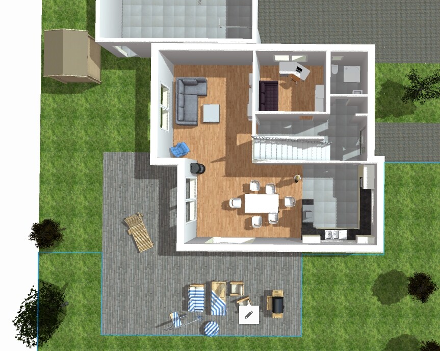 Top view of a modern house floor plan: living room, dining area, kitchen, work space and garden.