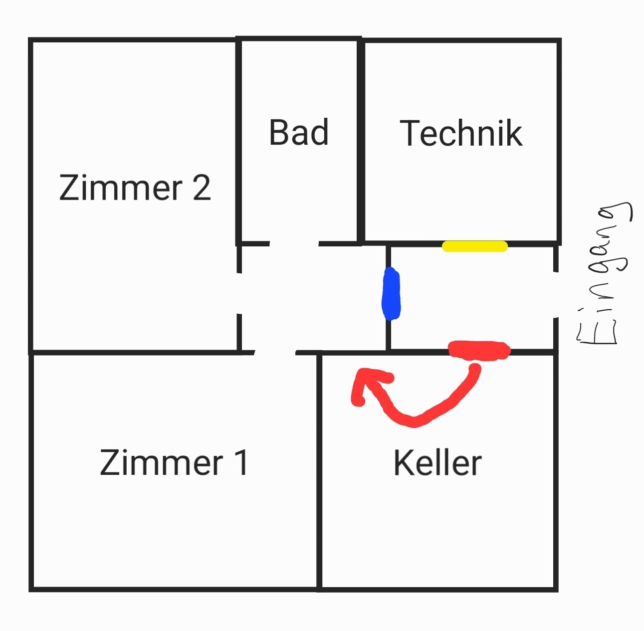 Grundriss eines Hauses: Zimmer 2 links, Bad/Technik oben, Zimmer 1 unten, Keller rechts; Pfeile.