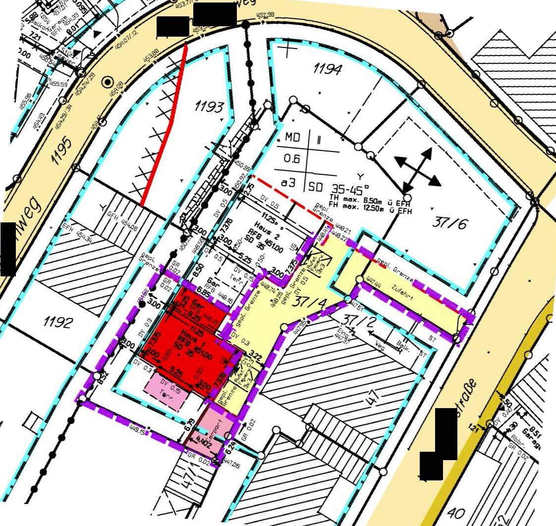 Site plan of a building plot with floor plan, color coding and building structures