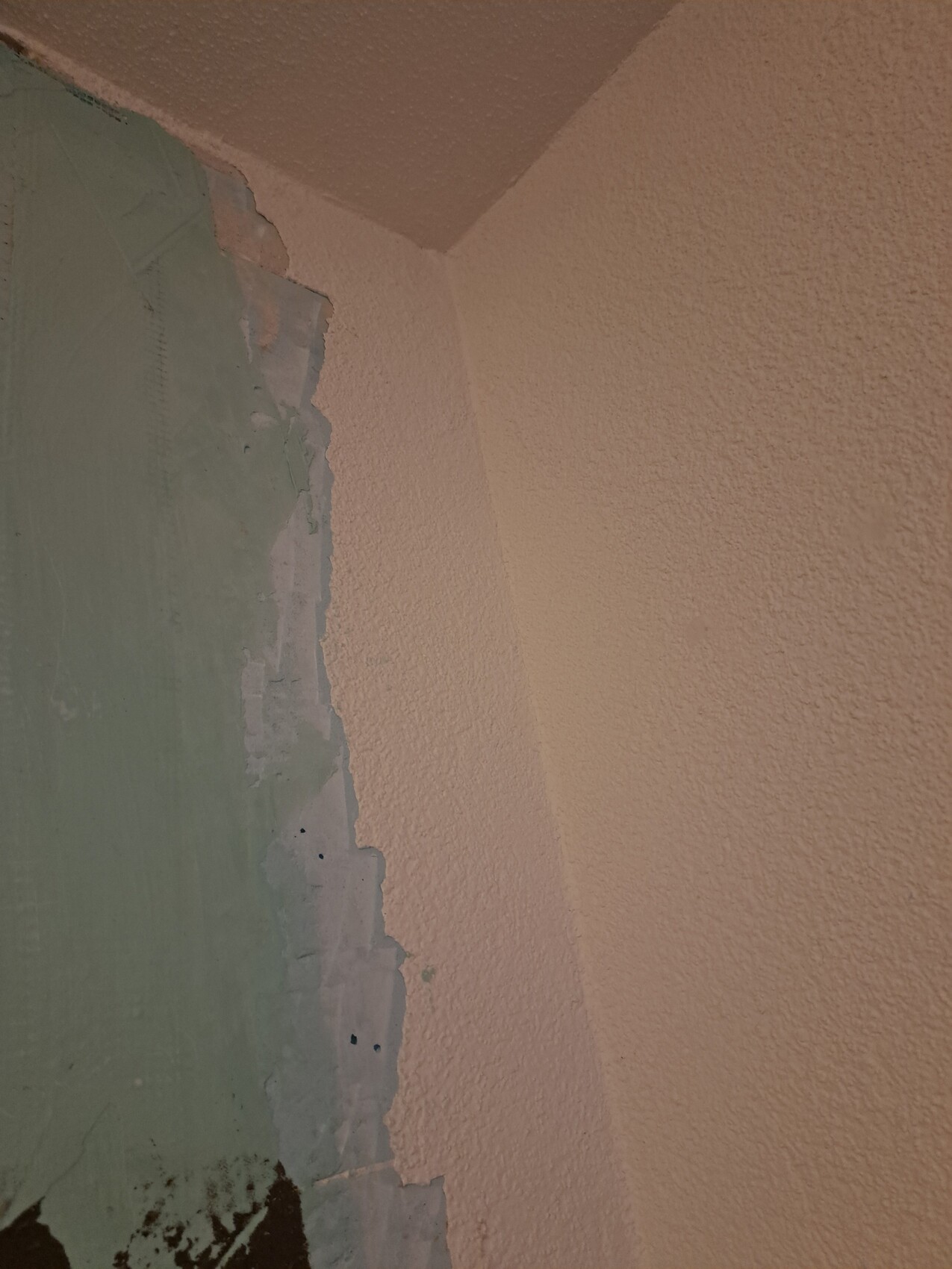 Wall corner: left green peeling paint over plaster, right peach-colored, roughly textured wall.