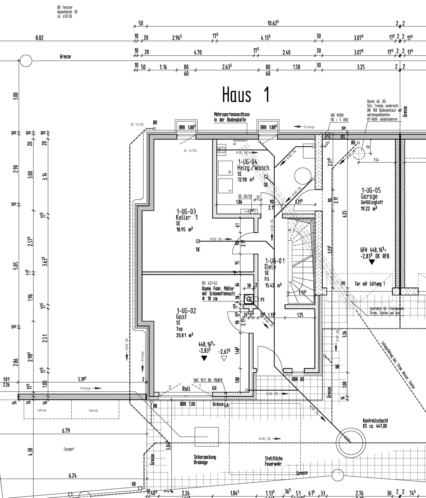 Floor plan of house 1: basement, guest room, heating room, entrance hall, garage and stairwell.