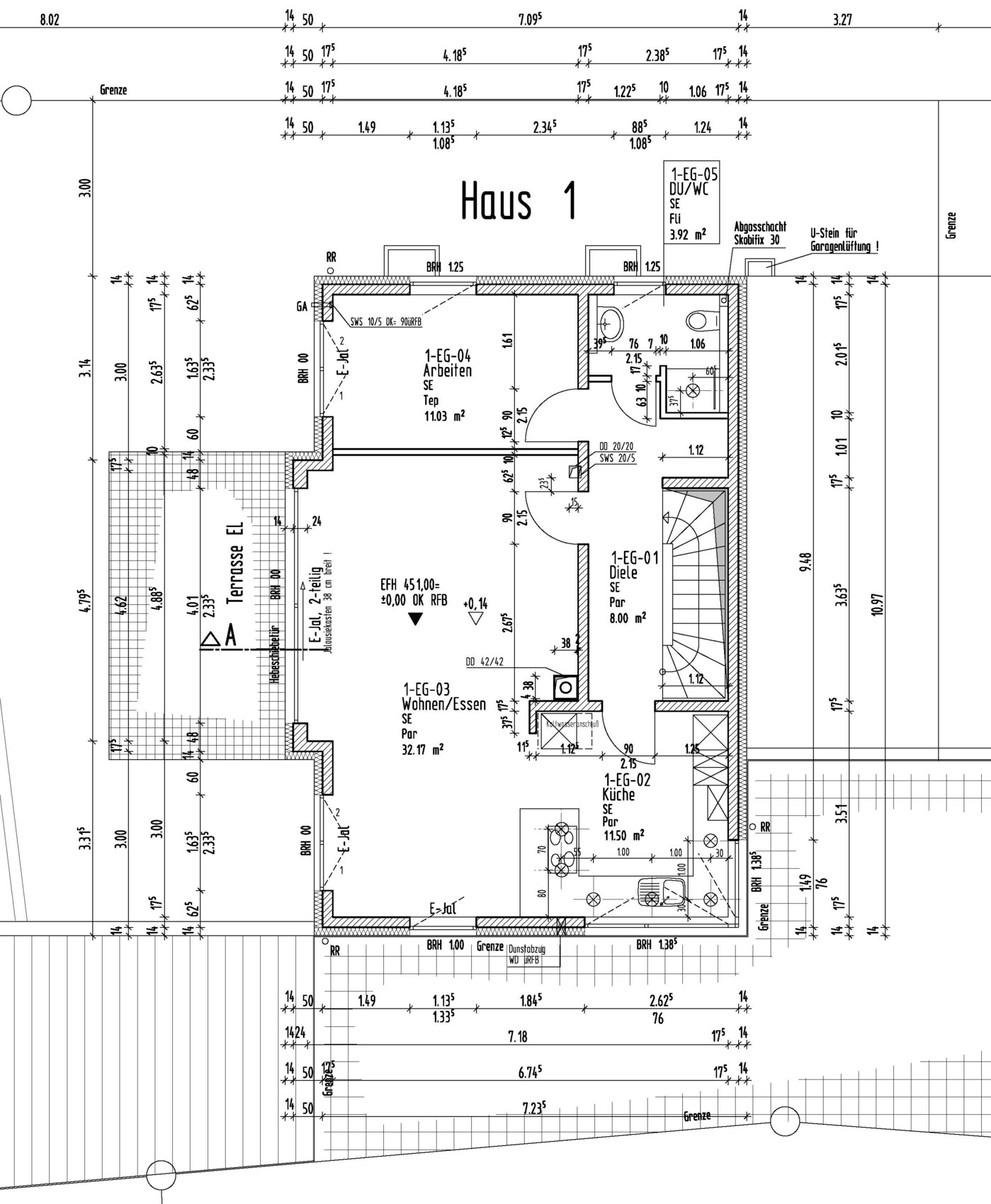 Ground floor plan of house 1: living/dining, kitchen, entrance hall, office, stairs, terrace.