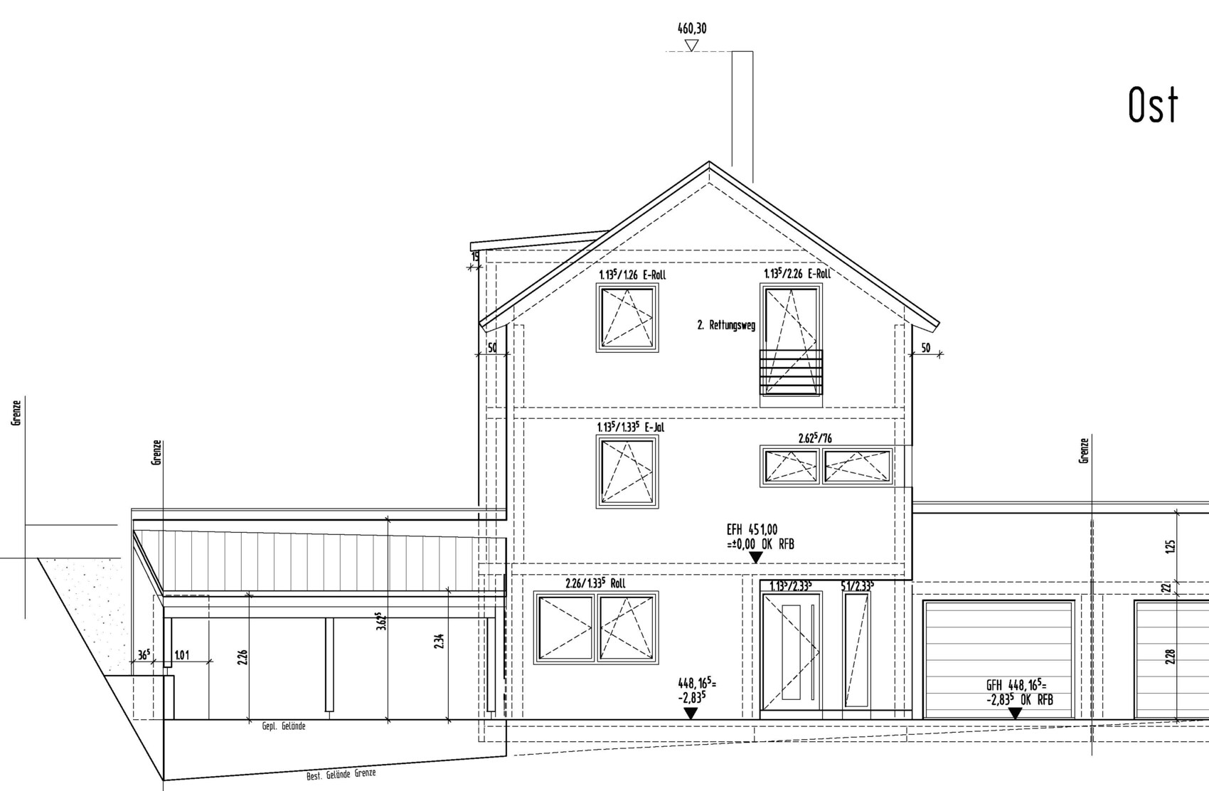 East elevation of a two-story house with gable roof, chimney, windows and garage – building plan