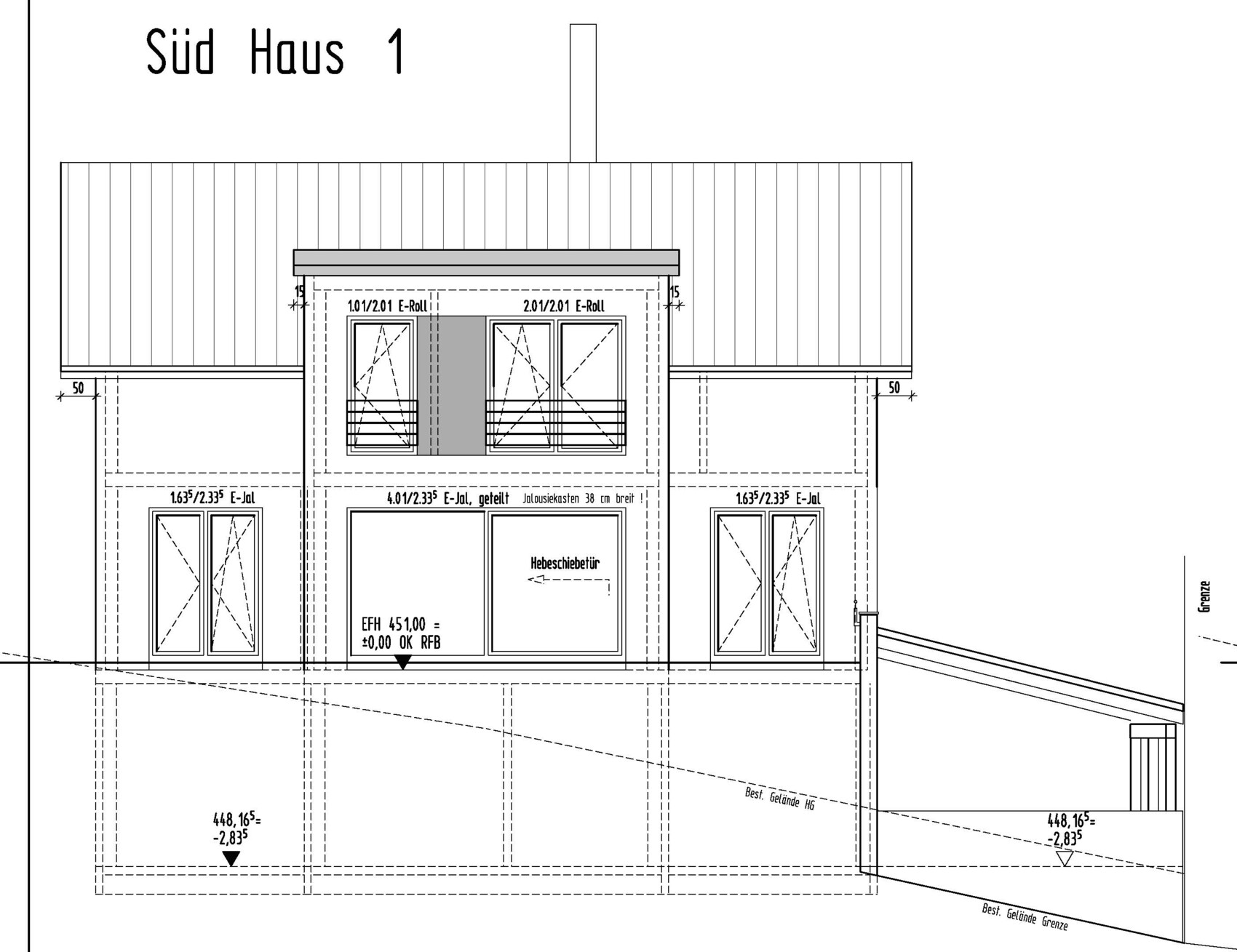 South elevation of house 1: front with central projection, window front and dimensions.