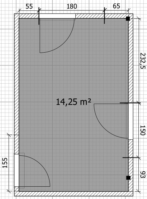 2D floor plan of a 14.25 sqm room with doors and dimension lines