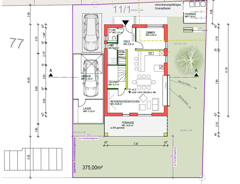 Floor plan of a single-family house with open kitchen/living area, terrace, garden, and garage.