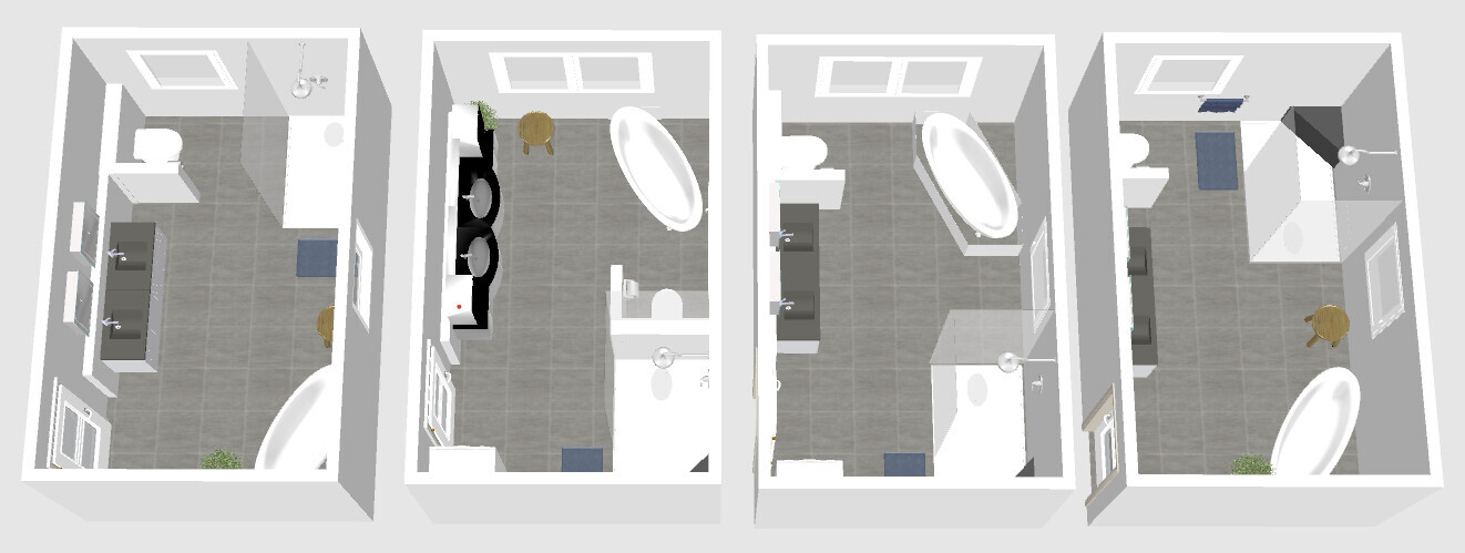 Four bathroom layouts in a collage with bathtub, shower and washbasin.
