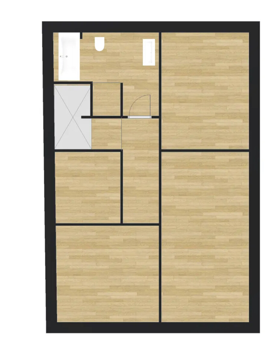 Floor plan of an apartment viewed from above with bathroom, WC, corridors and multiple wooden floors.