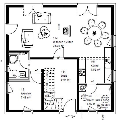 2D floor plan of a house: living room, dining area, kitchen, entrance hall and stairs