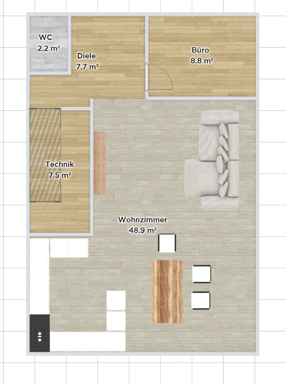 Floor plan of an apartment with living room, open kitchen, dining table, office, hallway, utility room, and WC