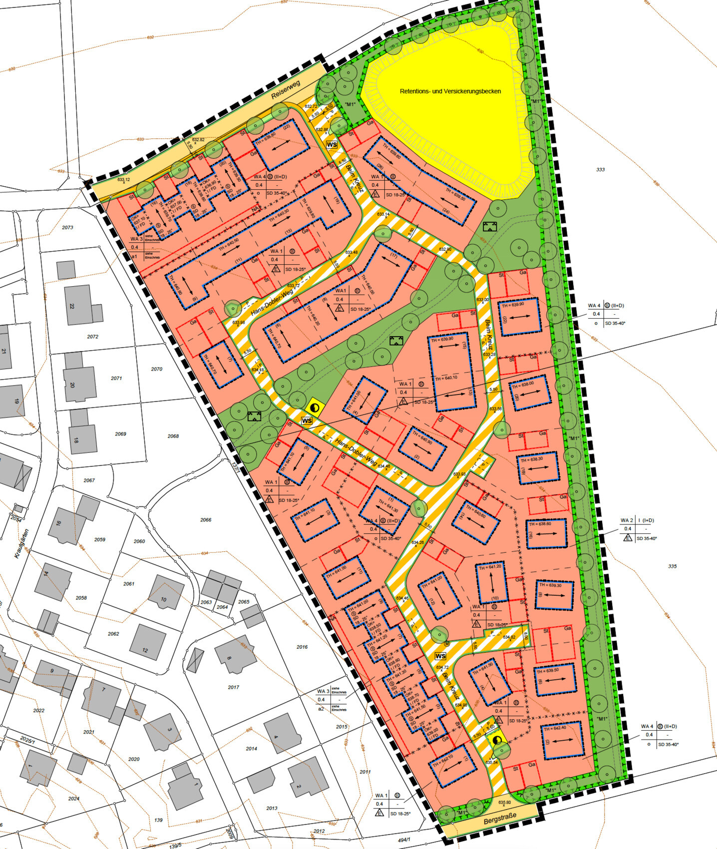 Overview map of a residential area: red blocks, yellow basin, green spaces and trees.