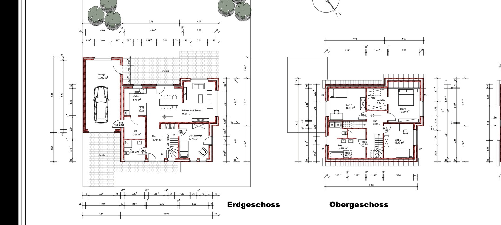 Floor plan of a house: ground floor and upper floor with rooms, terrace, garage.