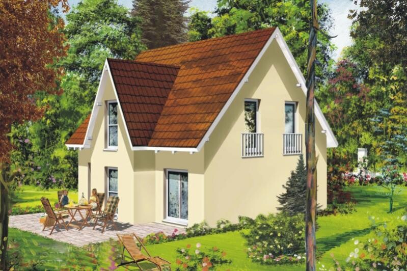 Exterior view of a small single-family house with red pitched roof, terrace, and garden