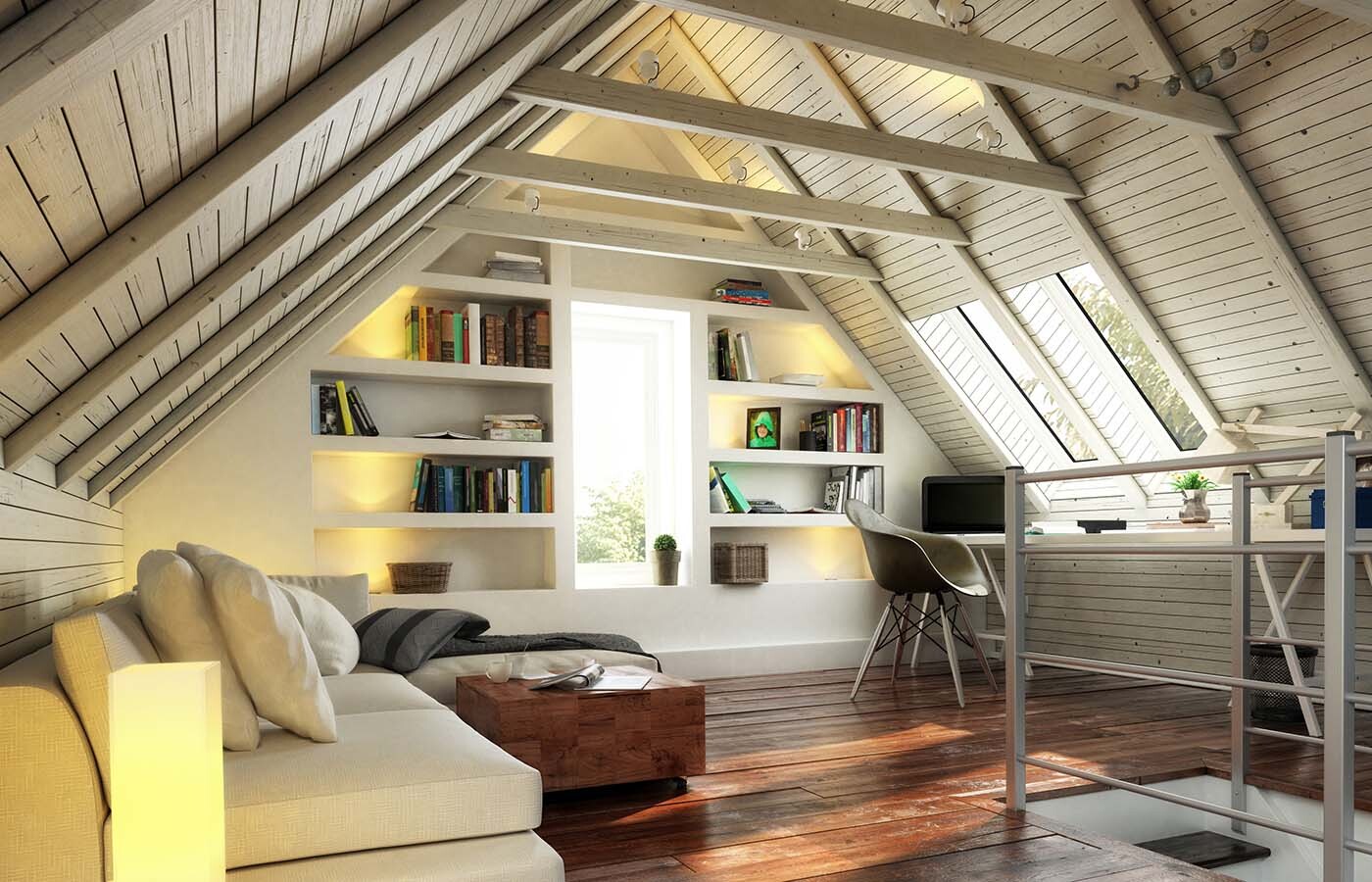 Bright attic living area with bookshelves, sofa, desk, and skylights