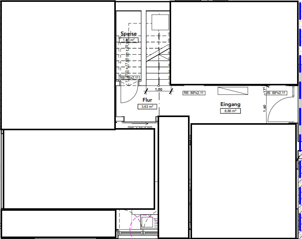 Grundriss eines Gebäudes mit Eingang, Flur, Speisebereich und Treppenhaus.