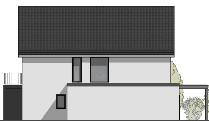 Modern two-story house front in gray with dark roof, dark windows, and garden trees.