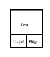 Floor plan sketch with a large upper fixed room and two wing rooms