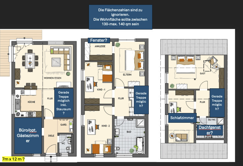 Three-story house floor plan with kitchen, living room, bedrooms and stairs.