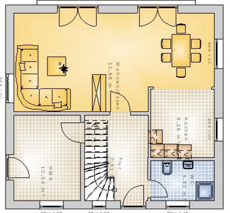 2D floor plan of a house with living area, kitchen, corridor, stairwell and bathroom.