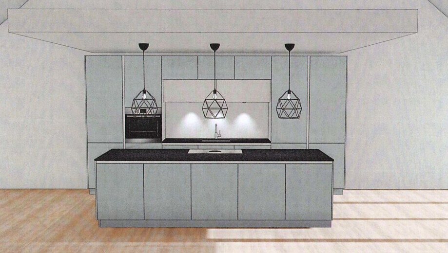 Moderne KĂŒche mit grauen SchrĂ€nken, dunkler Arbeitsplatte, Insel und drei geometrische HĂ€ngeleuchten.
