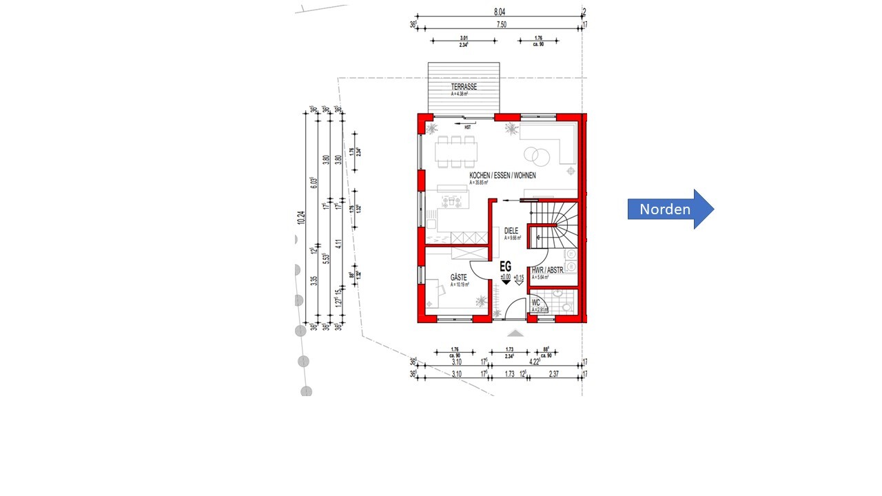 Ground floor plan: Kitchen/dining/living, guest room, hall, WC, utility room, terrace; north.