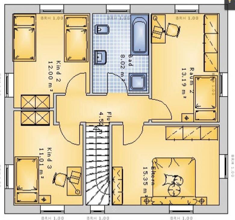2D floor plan of an upper floor with bedrooms, bathroom, corridor and stairs