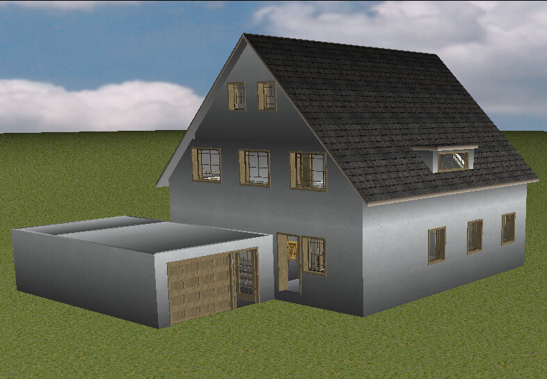 Two-story house with garage, grey facade, gable roof and multiple windows on green lawn