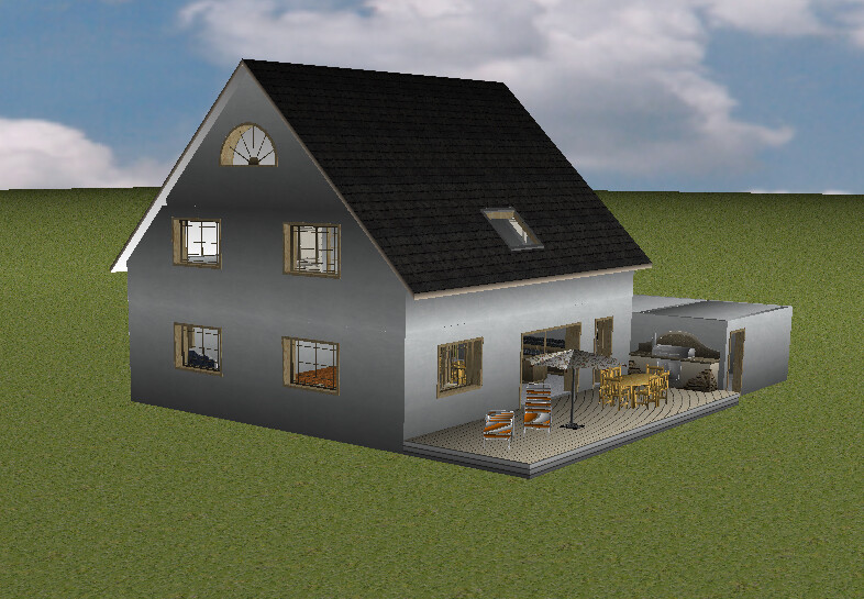 3D house with dark roof, terrace with furniture; interior visible through windows.