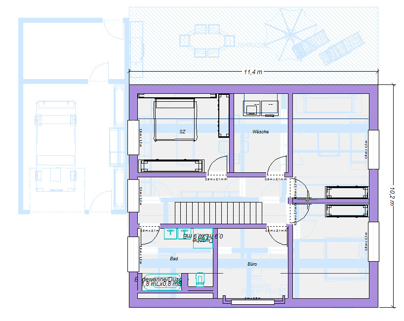 Floor plan of a house: garage left, stairs center, bedroom, bathroom, office, laundry, terrace top