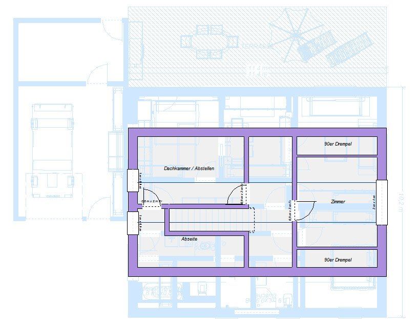 Floor plan of a house with attic marked in violet; rooms, storage space, attic chamber. Terrace.