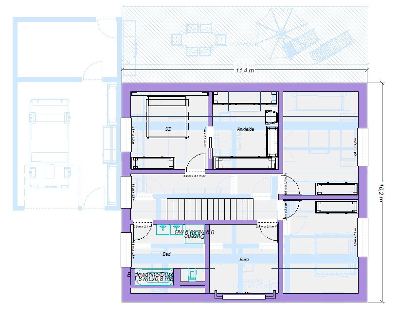 Floor plan of a house: bedroom, dressing room, office, bathroom, terrace; garage with car on the left.