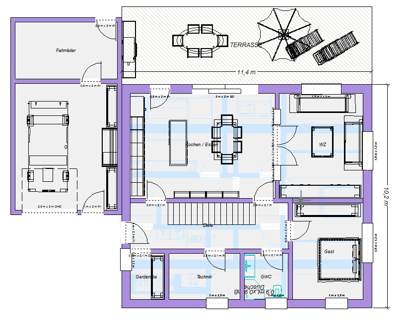 Floor plan: terrace with dining table; bicycle room on the left; kitchen, dining, guest, utility, wardrobe.