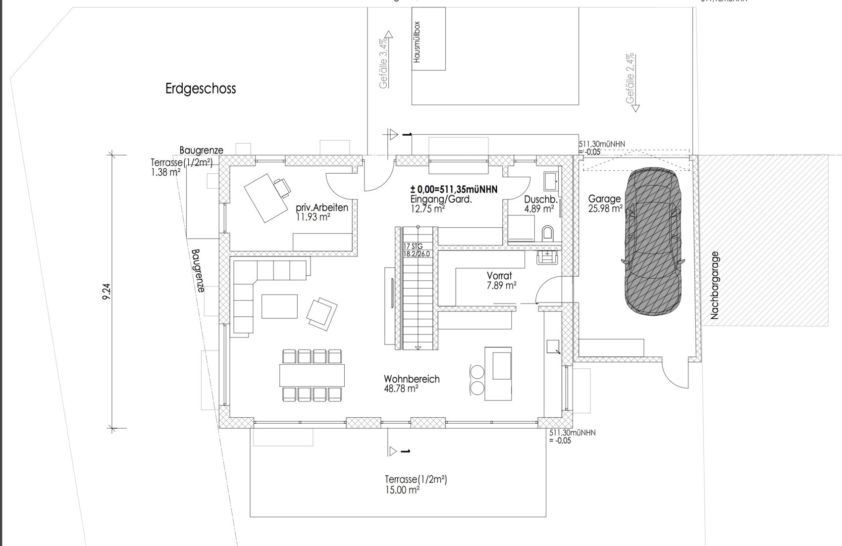 Ground floor plan: living area with dining table, office, entrance, pantry, shower, garage.
