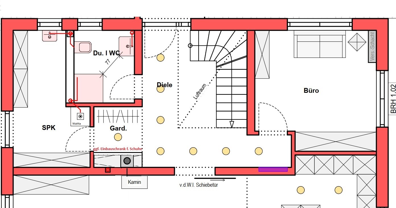 Floor plan of a residential house: hallway, office, pantry, cloakroom, chimney, and stairwell.