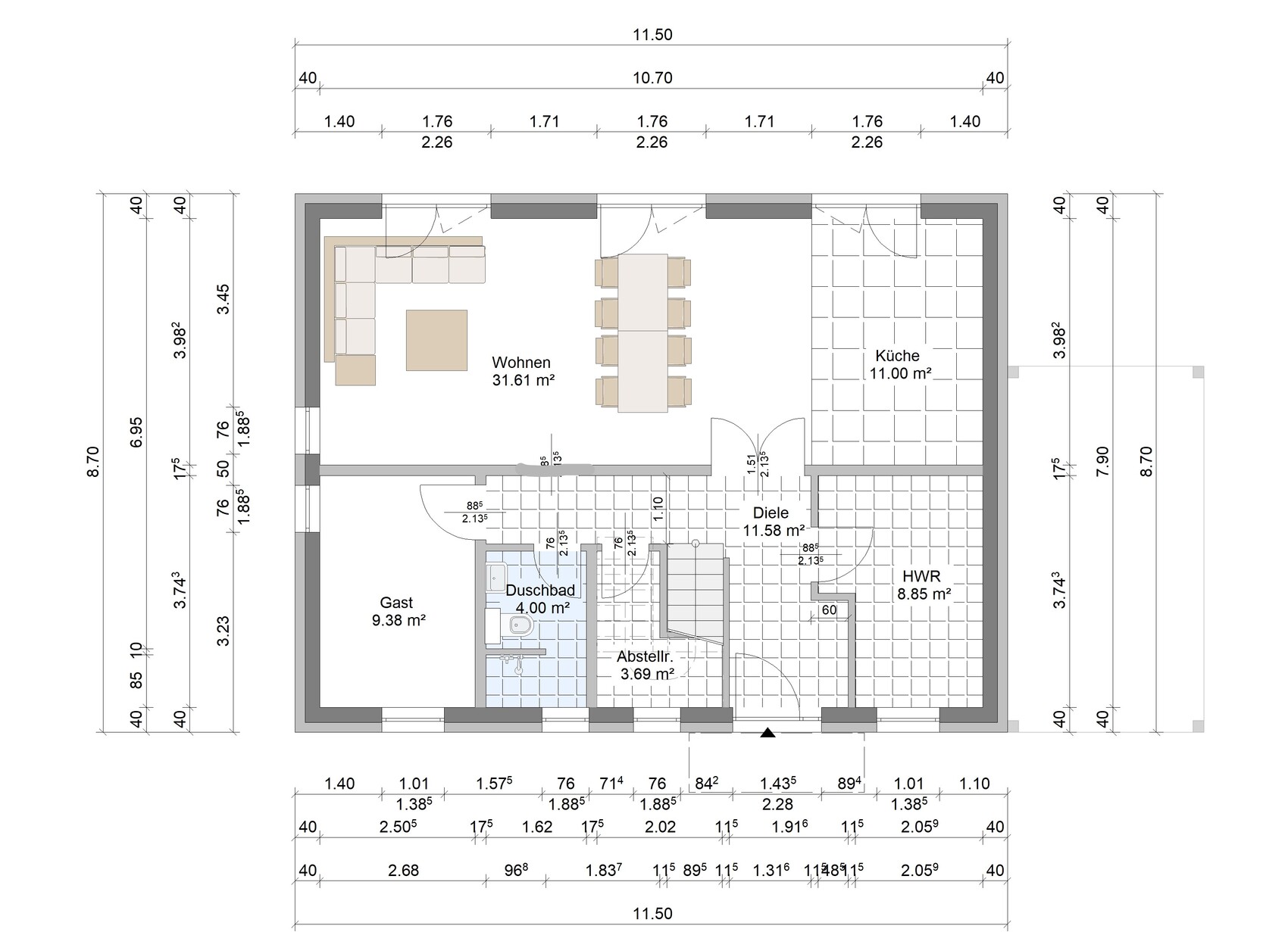 Floor plan of a single-family house with living room, kitchen, hallway, guest room and shower bathroom