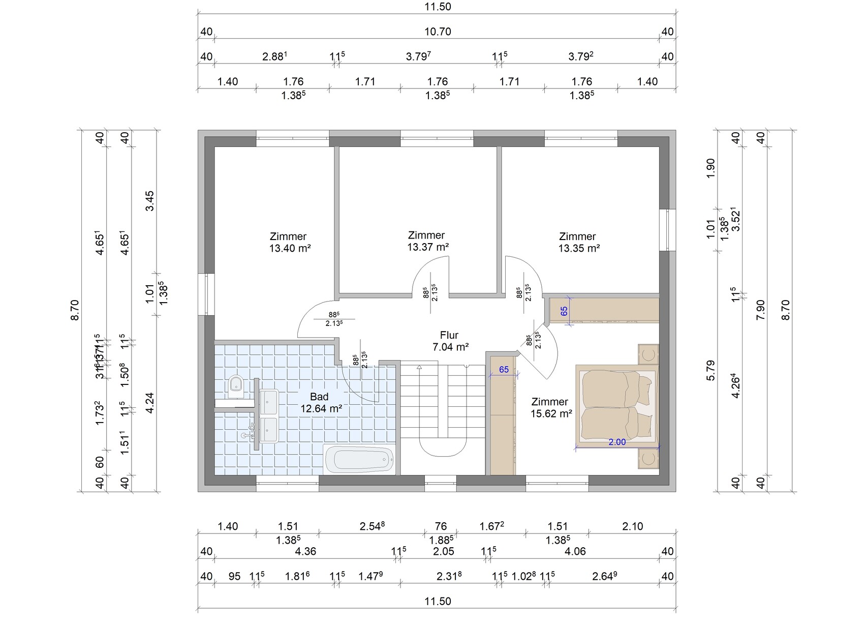 Floor plan of a house with four rooms, bathroom, hallway, stairwell and bedroom.