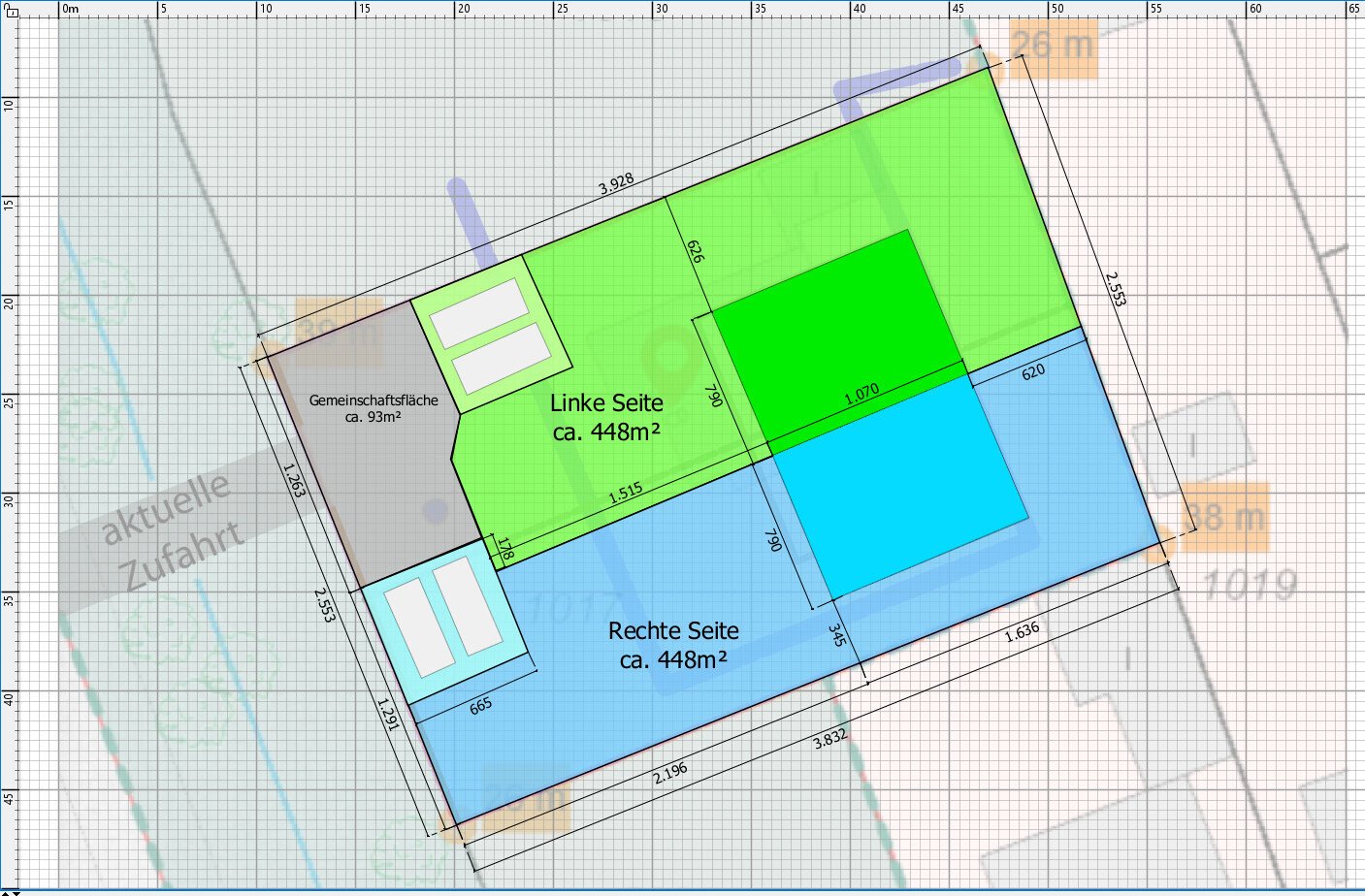 Ground plan of duplex: left side approx. 448 m², right side approx. 448 m², living area approx. 93 m².