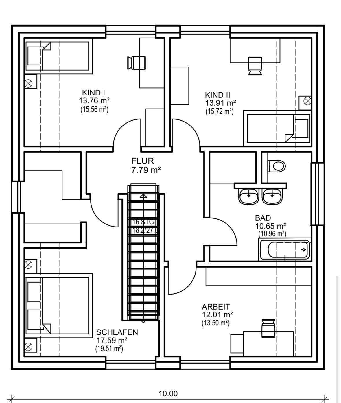 Floor plan of the upper floor: corridor connects two children’s rooms, bathroom, bedroom and study.