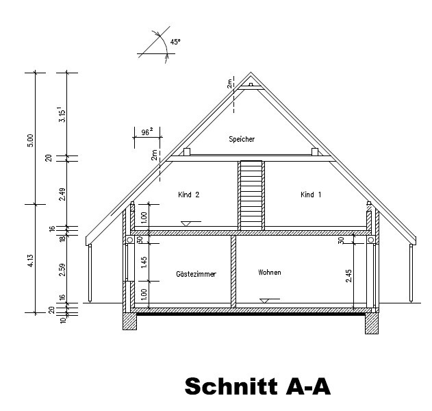 Section A-A through a house with guest room, living room, children’s rooms 1–2 and storage.