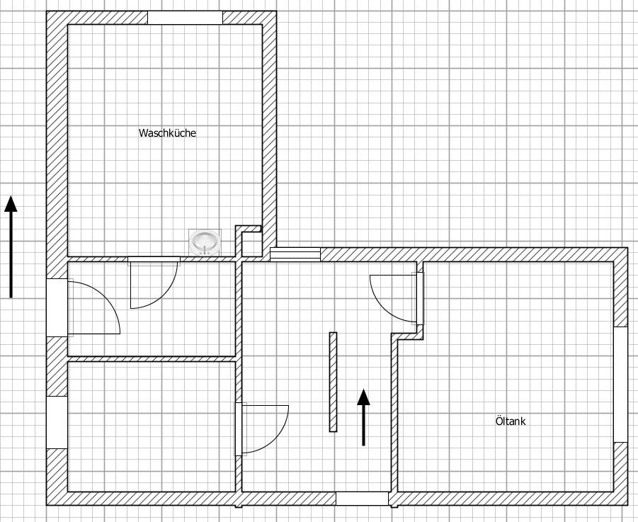 House floor plan: laundry room top left, central hallway with stairs going up, oil tank on the right.